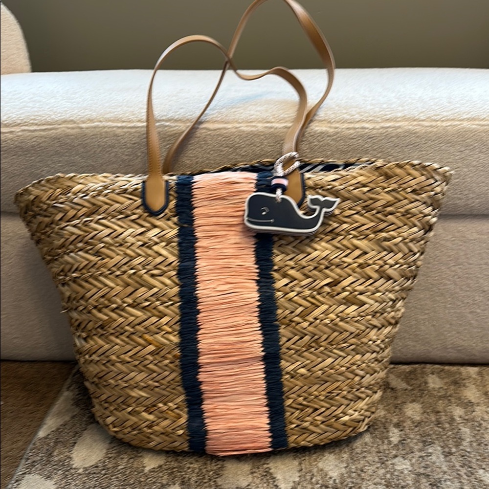 Vineyard Vines Straw Tote with Pink and Navy Stripe